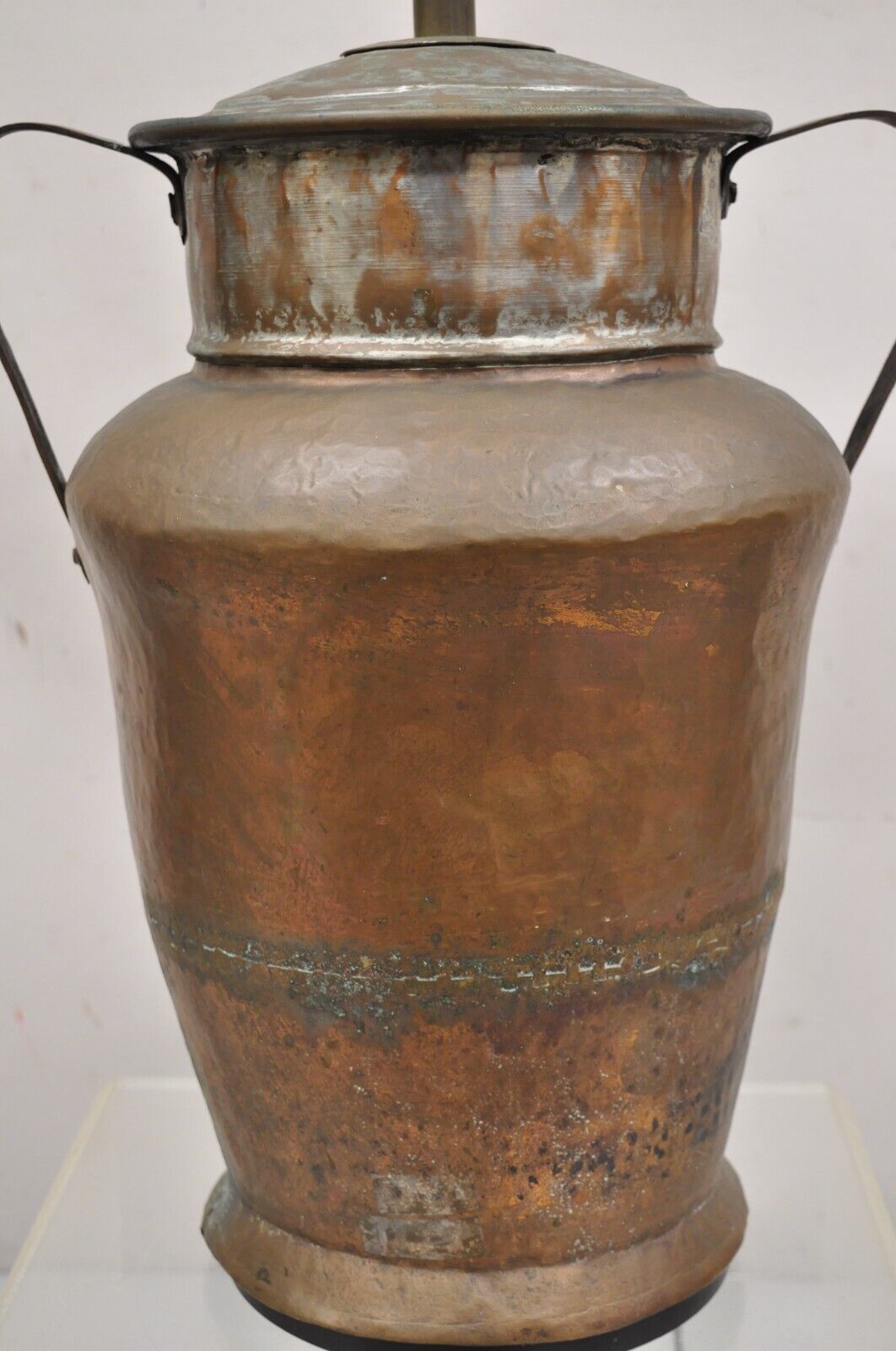 Antique Arts & Crafts Large Hand Hammered Copper Metal Twin Handle Milk Jug Lamp