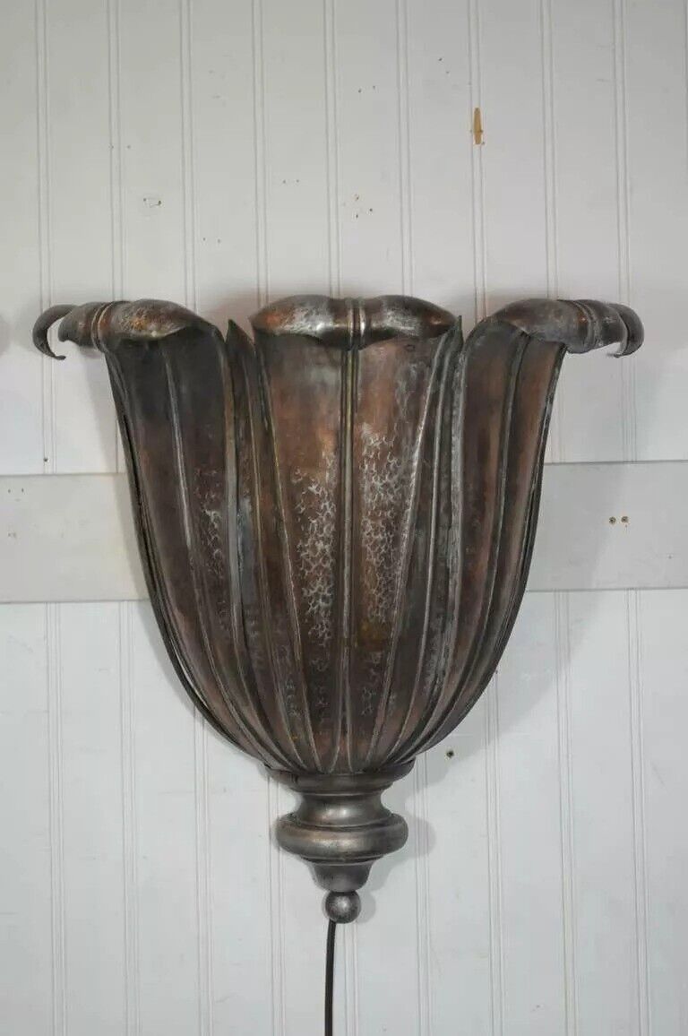 French Art Deco Hand Hammered Copper Lotus Up Light Sconces attr. Maison Jansen