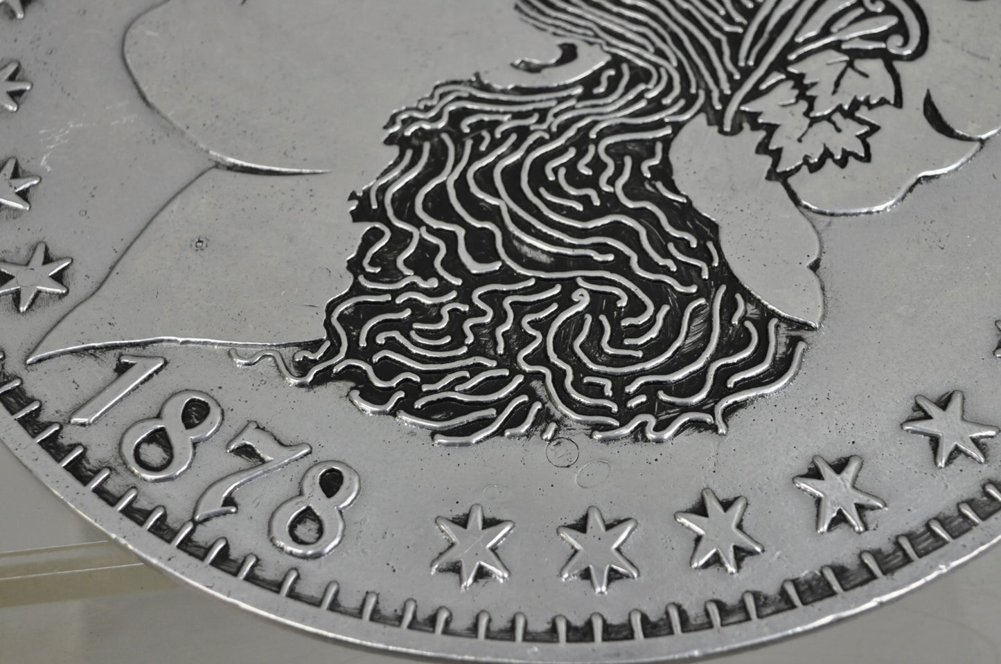 Vintage 1878 Morgan Silver Dollar 12" Pewter Trivet or Wall Hanging Plaque USA