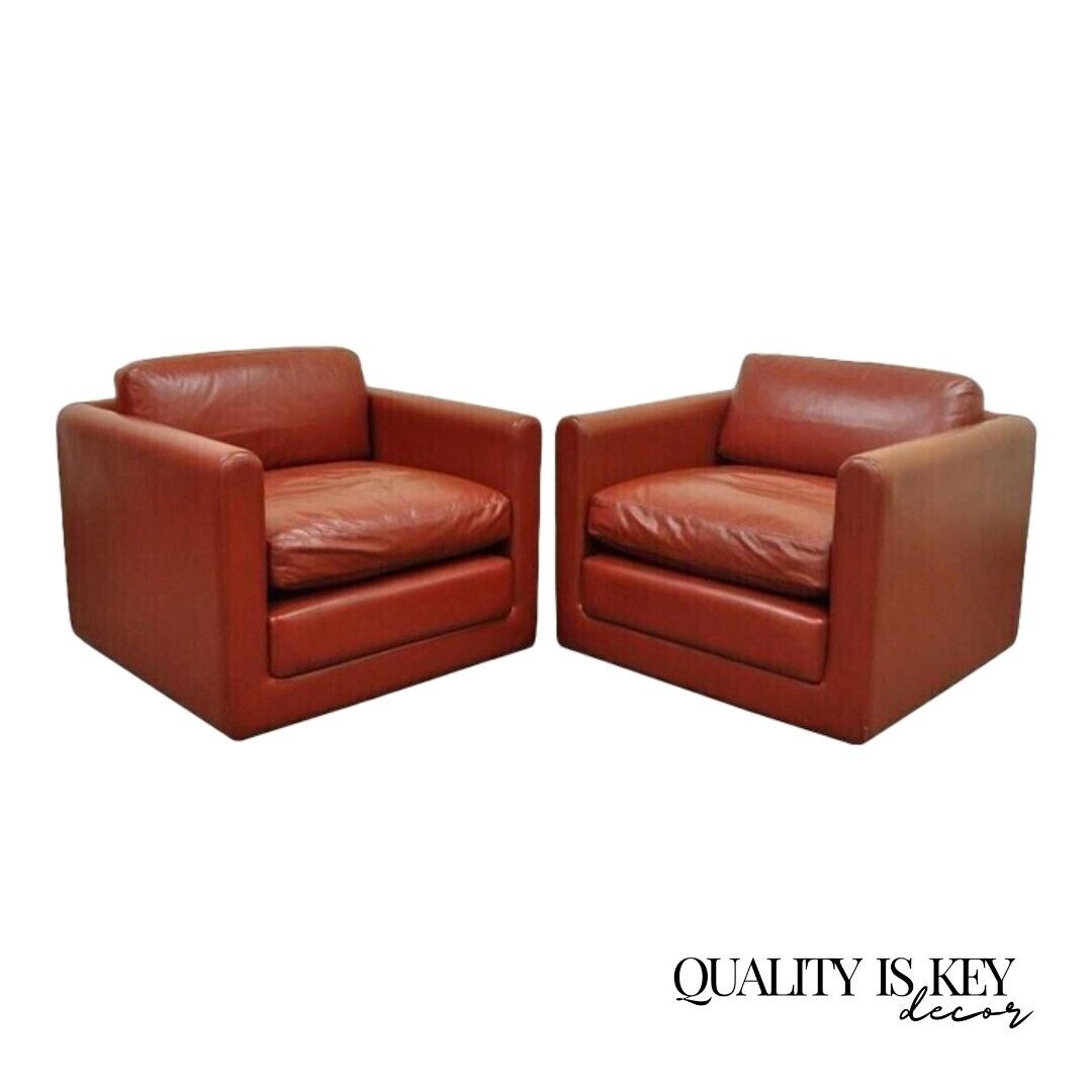 Mid Century Modern Red Leather Cube Club Lounge Chairs on Casters - a Pair