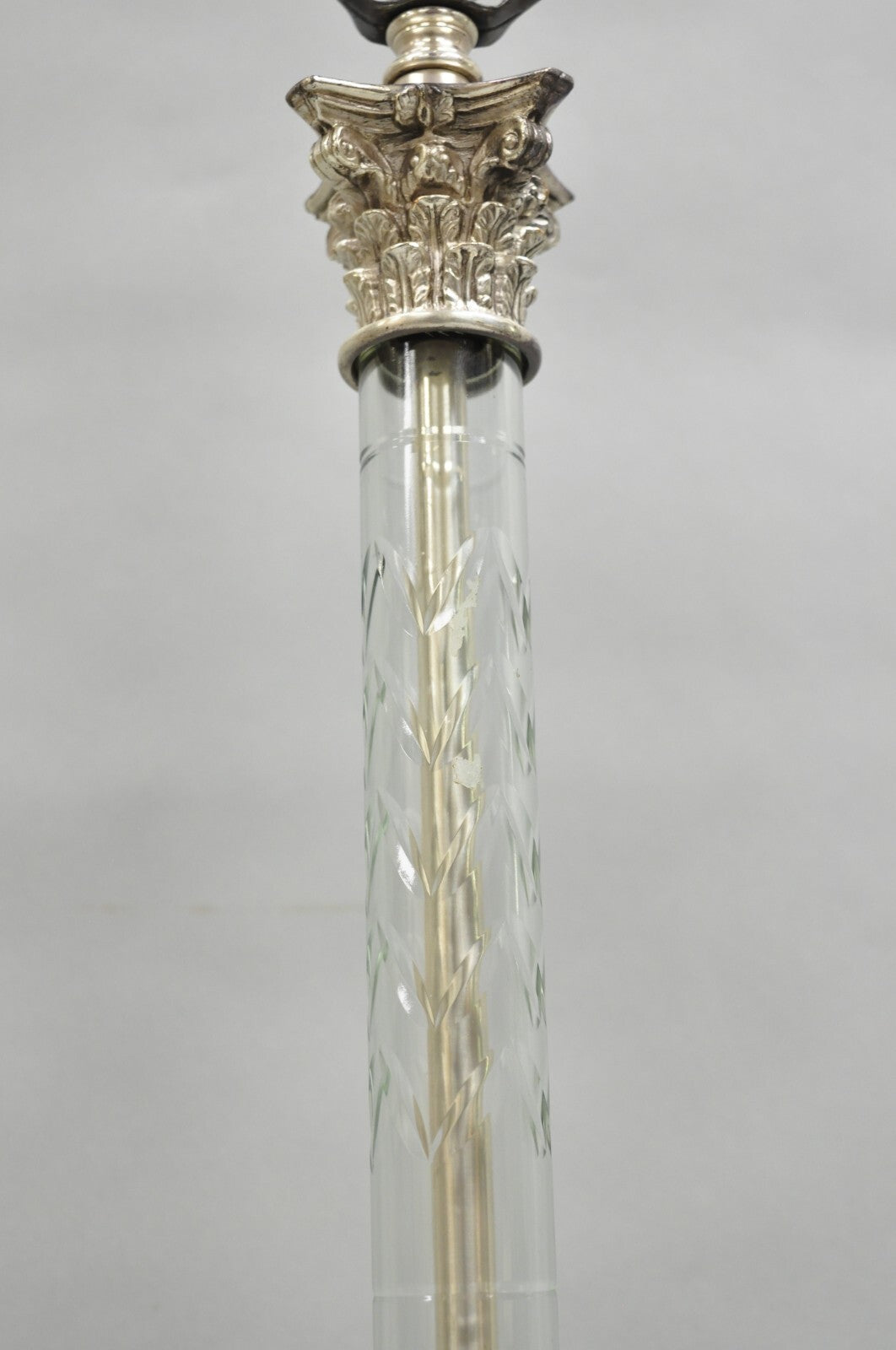Antique French Empire Nickel Silver Glass Corinthian Column Table Lamps - a Pair