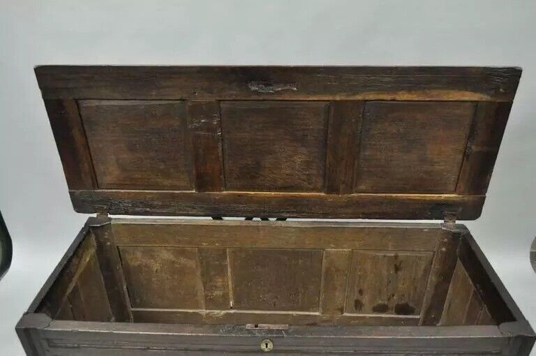 19th C. European Renaissance 3 Panel Solid Oak Wood Coffer Blanket Chest Trunk
