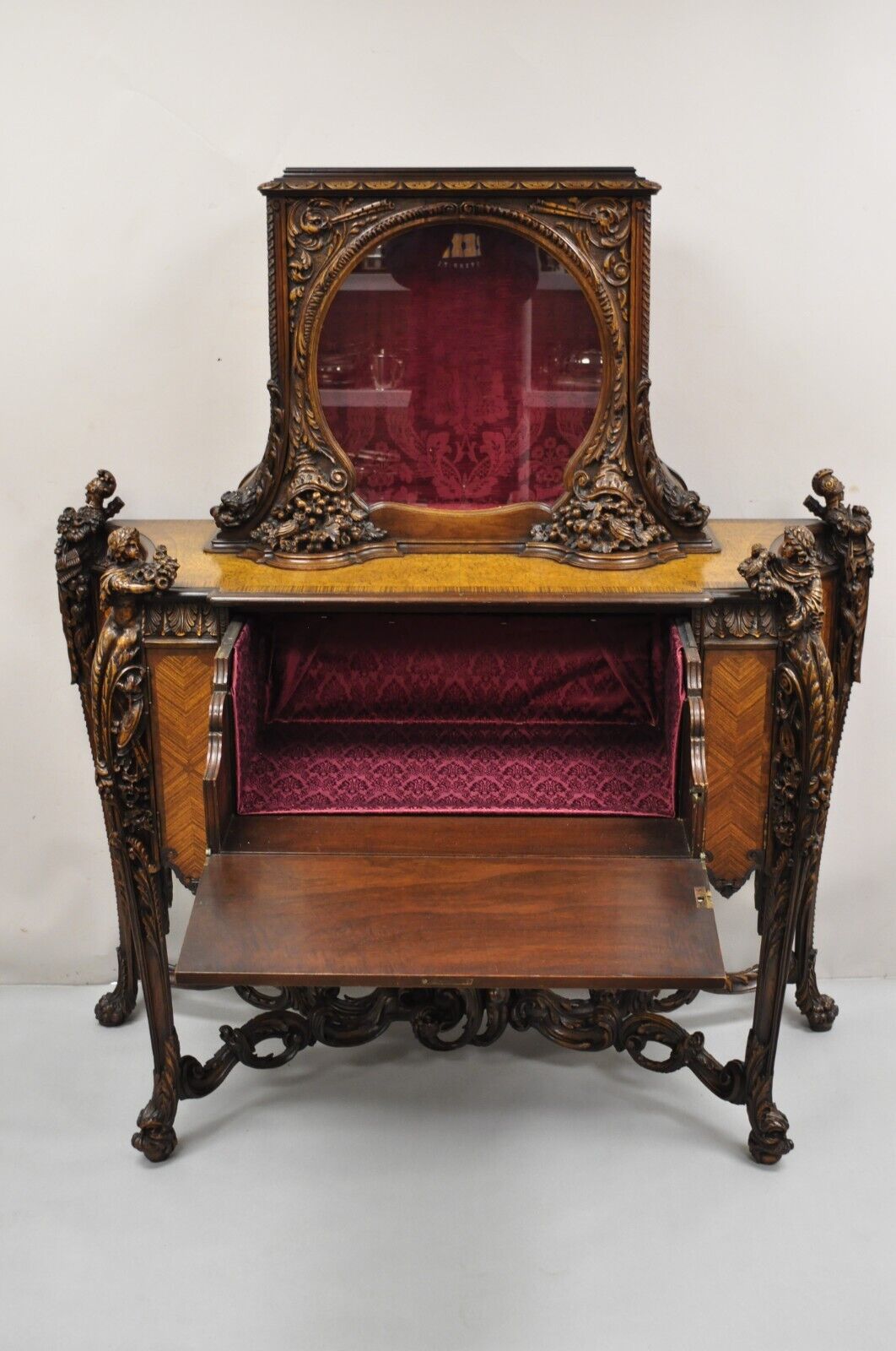 French Renaissance Louis XV Style Figural Carved Walnut Curio Display Buffet
