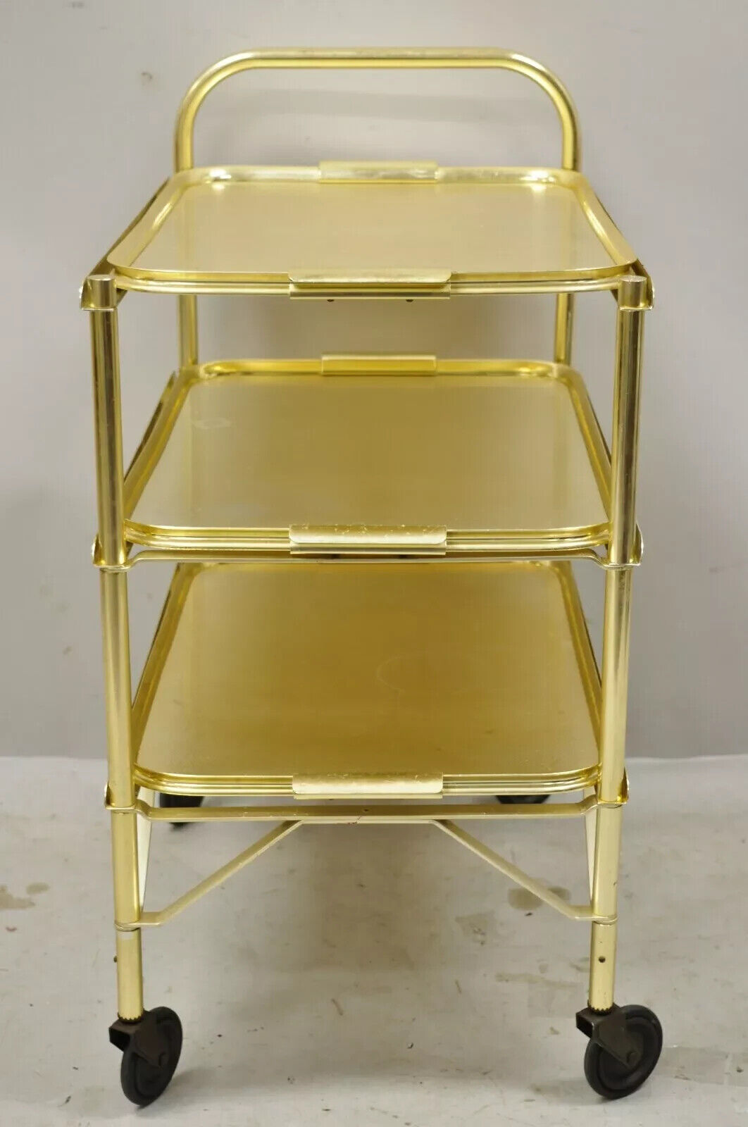 Mid Century Gold Aluminum Metal Folding Rolling Bar Cart Server with 3 Trays