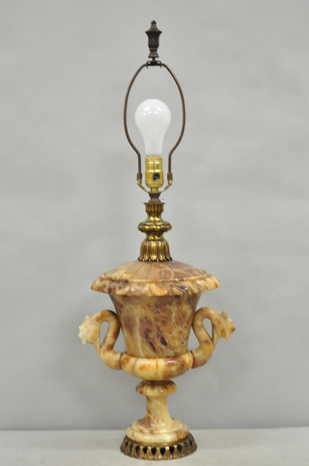 Vintage Italian Neoclassical Style Carved Alabaster Trophy Cup Urn Table Lamp
