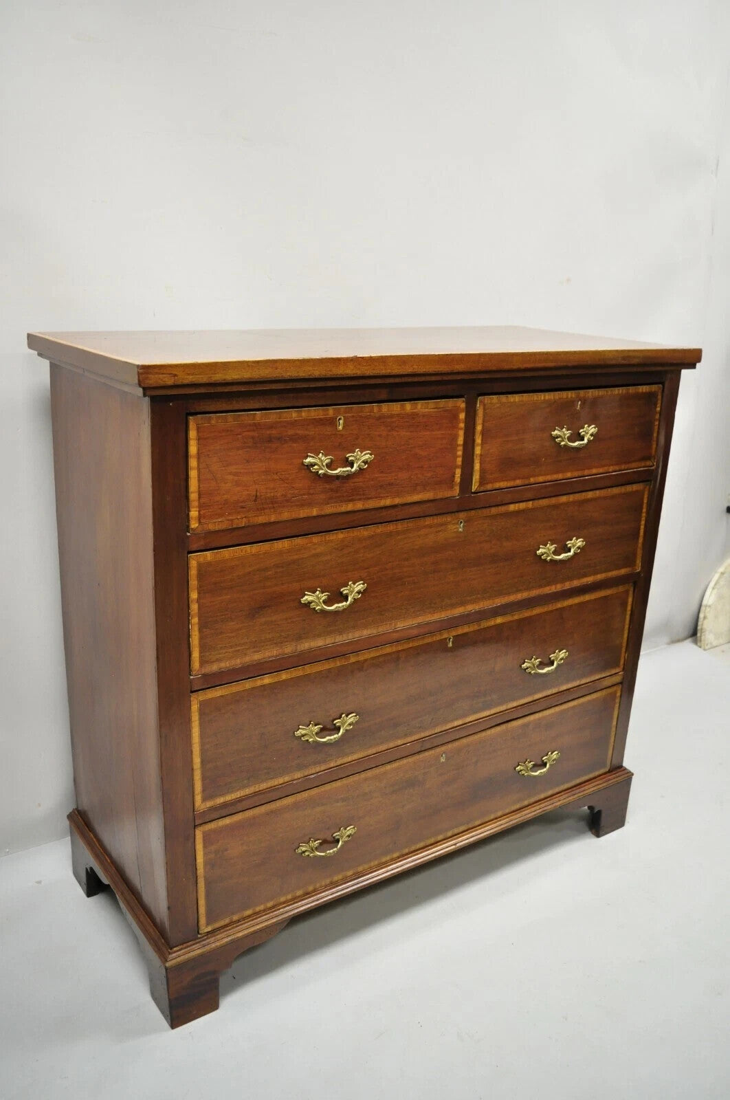 Antique English Georgian Mahogany Banded Satinwood Inlay 5 Drawer Chest Dresser