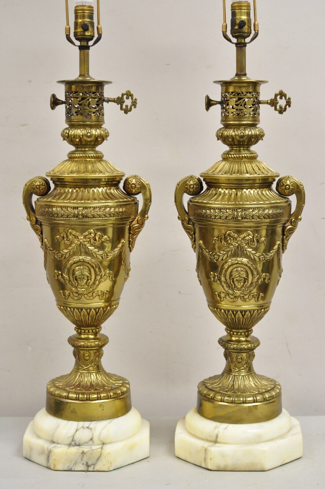 Antique French Neoclassical Gilt Bronze Figural Twin Handle Urn Table Lamp Pair