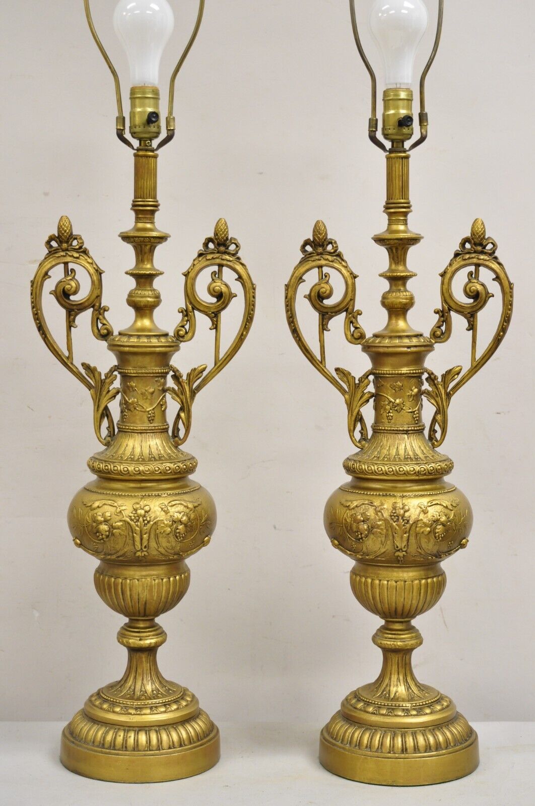 Vintage French Renaissance Louis XV Gold Gilt Metal Tall Table Lamps - a Pair