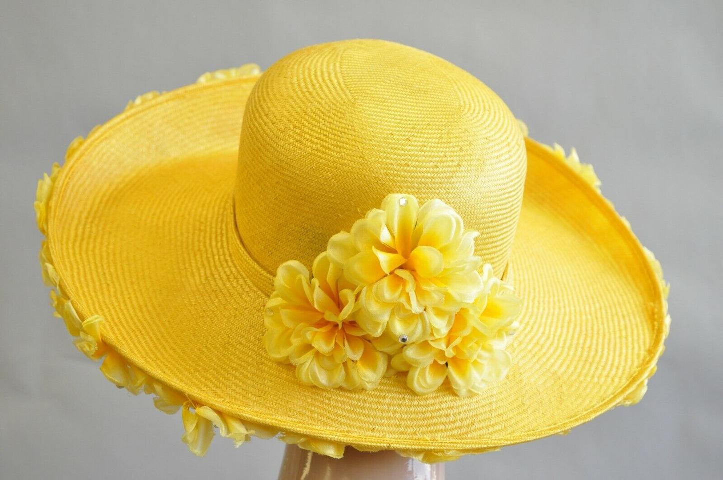 Vintage Jack McConnell Boutique Yellow Straw Bejeweled Flower Petal Derby Hat