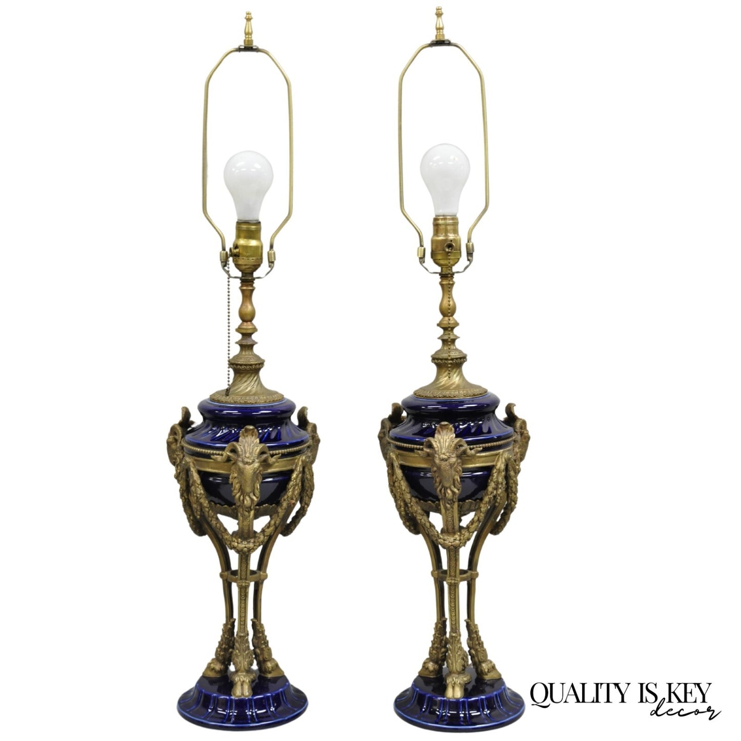 French Empire Neoclassical Bronze Ram Head Cobalt Blue Porcelain Table Lamp Pair