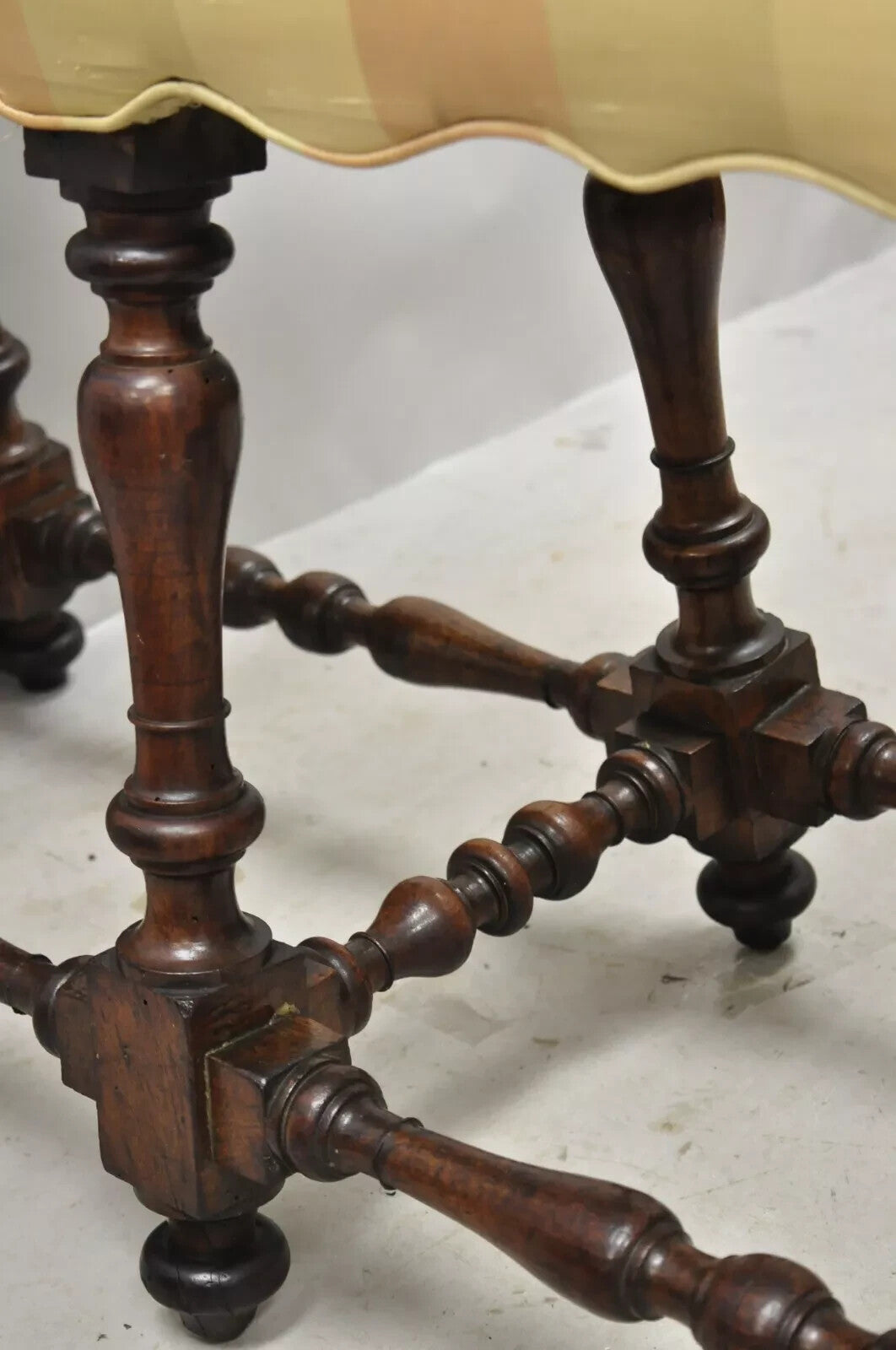 Antique Italian Renaissance Jacobean 6 Turn Carved Walnut Legs Upholstered Bench