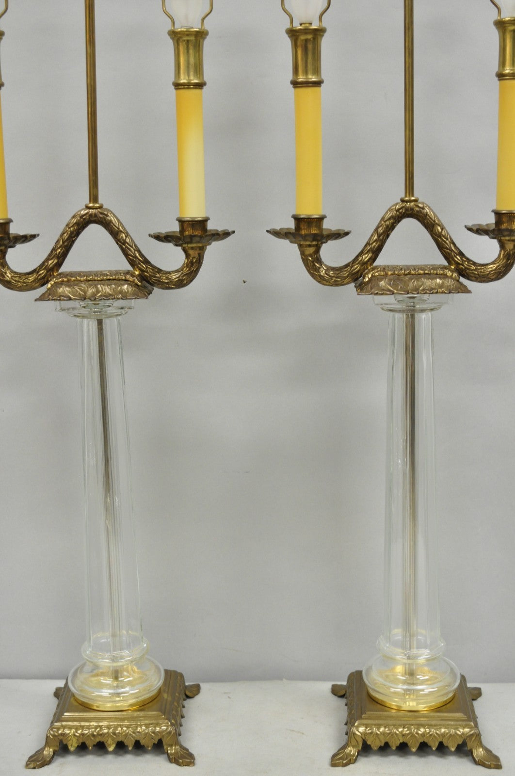 Vintage Chapman French Empire Glass Column Brass Candelabra Table Lamps - a Pair
