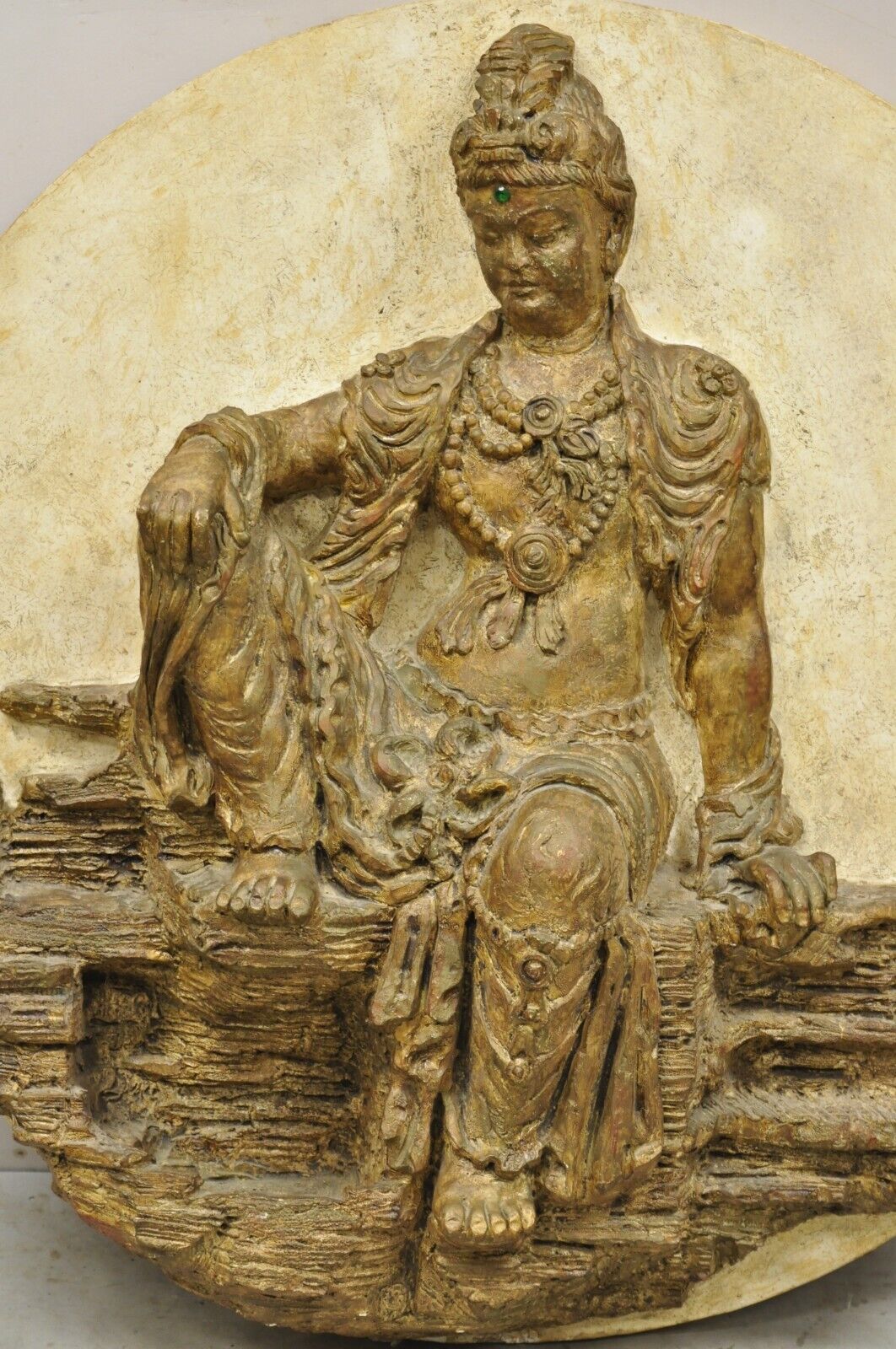 Large Vintage Fiberglass Kuan Shih Yin Buddha Relief Round Wall Art Sculpture