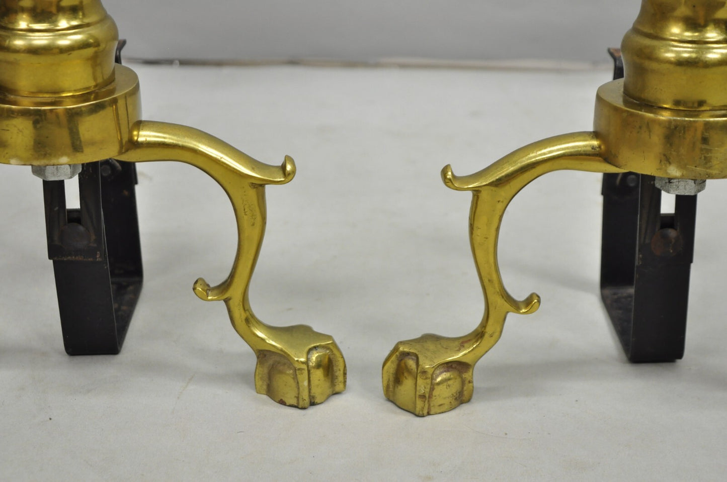 Vintage Federal Style Brass Branch Foot Gold Fireplace Andirons - a Pair