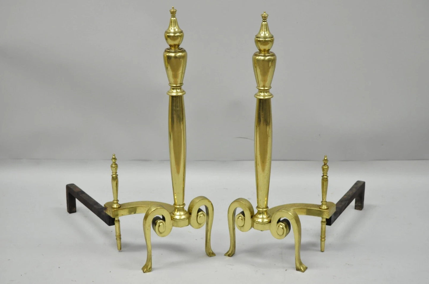 Antique French Art Nouveau Style Brass Urn Finial Fireplace Andirons - a Pair