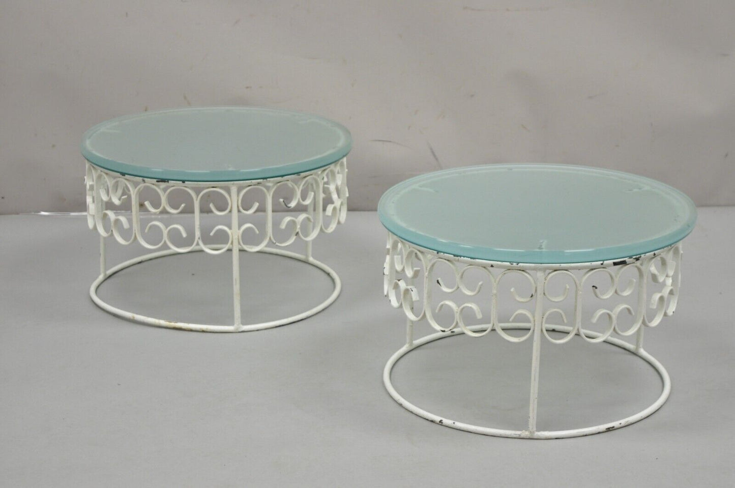 Arthur Umanoff Wrought Iron Scroll Low Round Glass Top Side Tables - a Pair