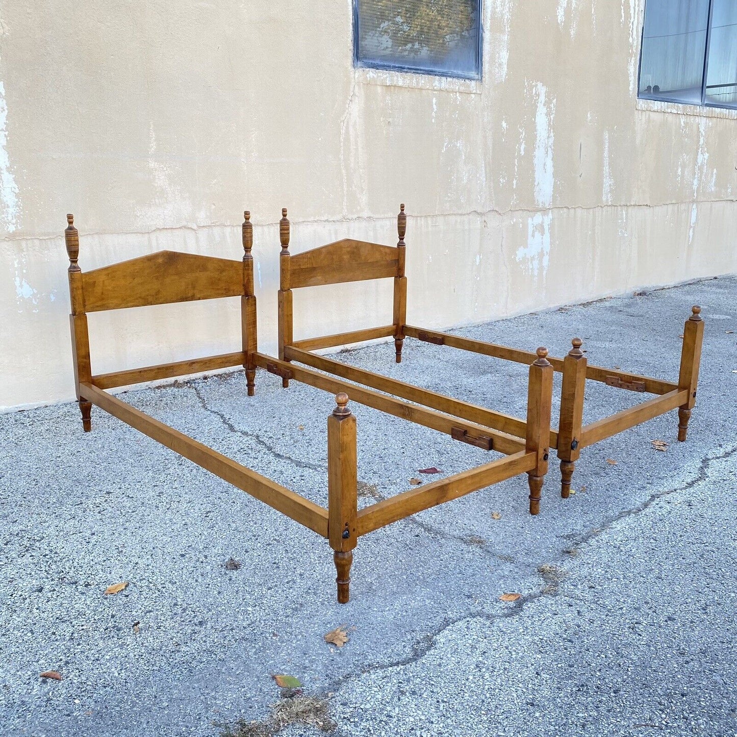 Antique Hitchcock Style Maple Wood Single Twin Bed Frames w/ Urn Finial - a Pair