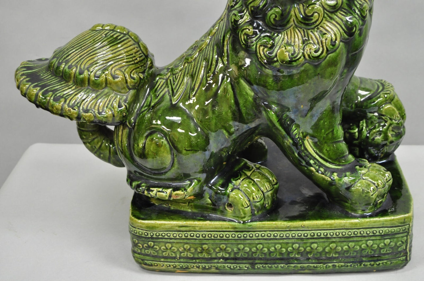Vintage Chinoiserie Green Majolica Glazed Ceramic 22" Chinese Foo Dog Statue