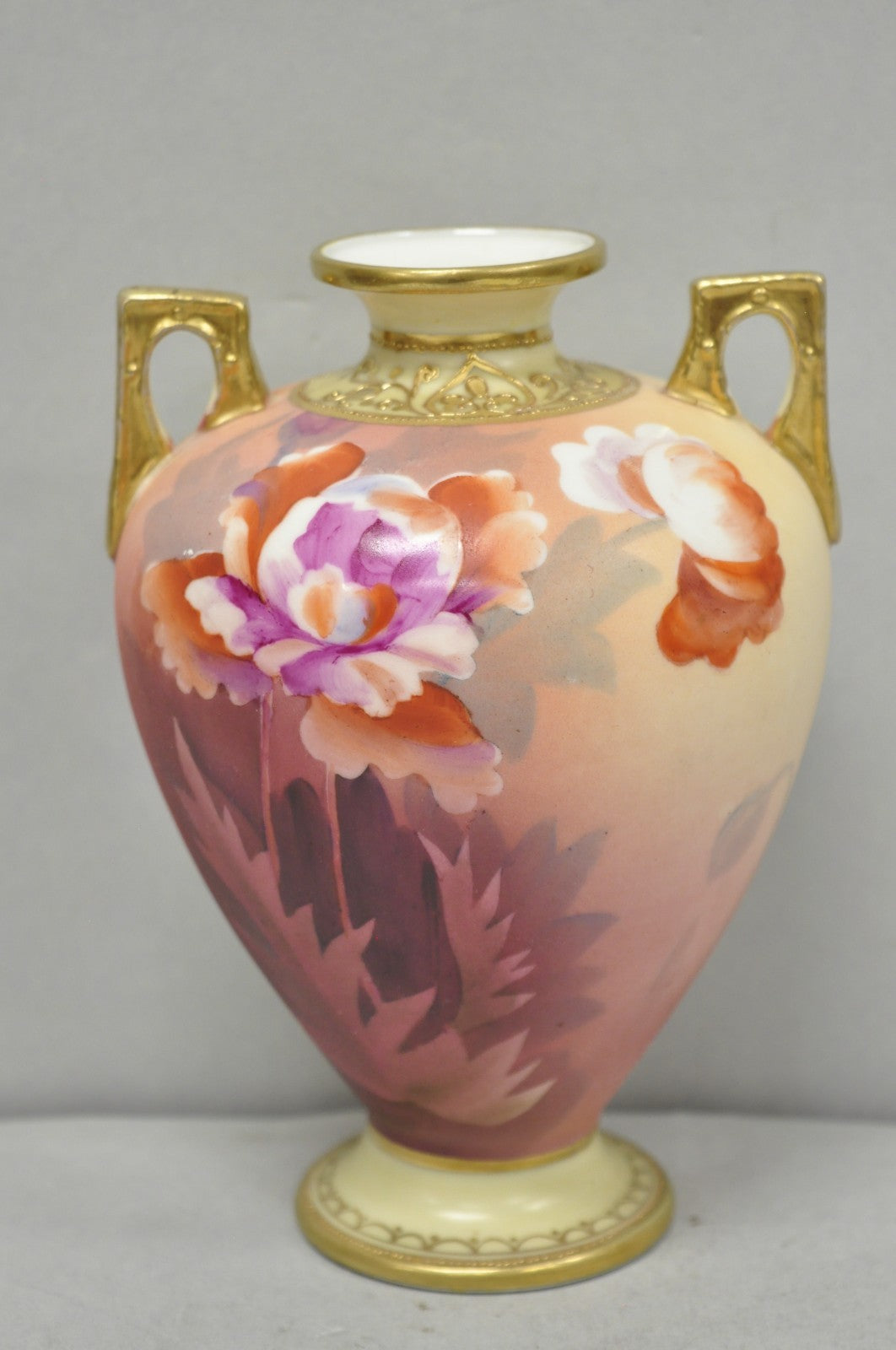 Antique Nippon Hand Painted Porcelain Small Pink Floral Vase w Gold Twin Handles