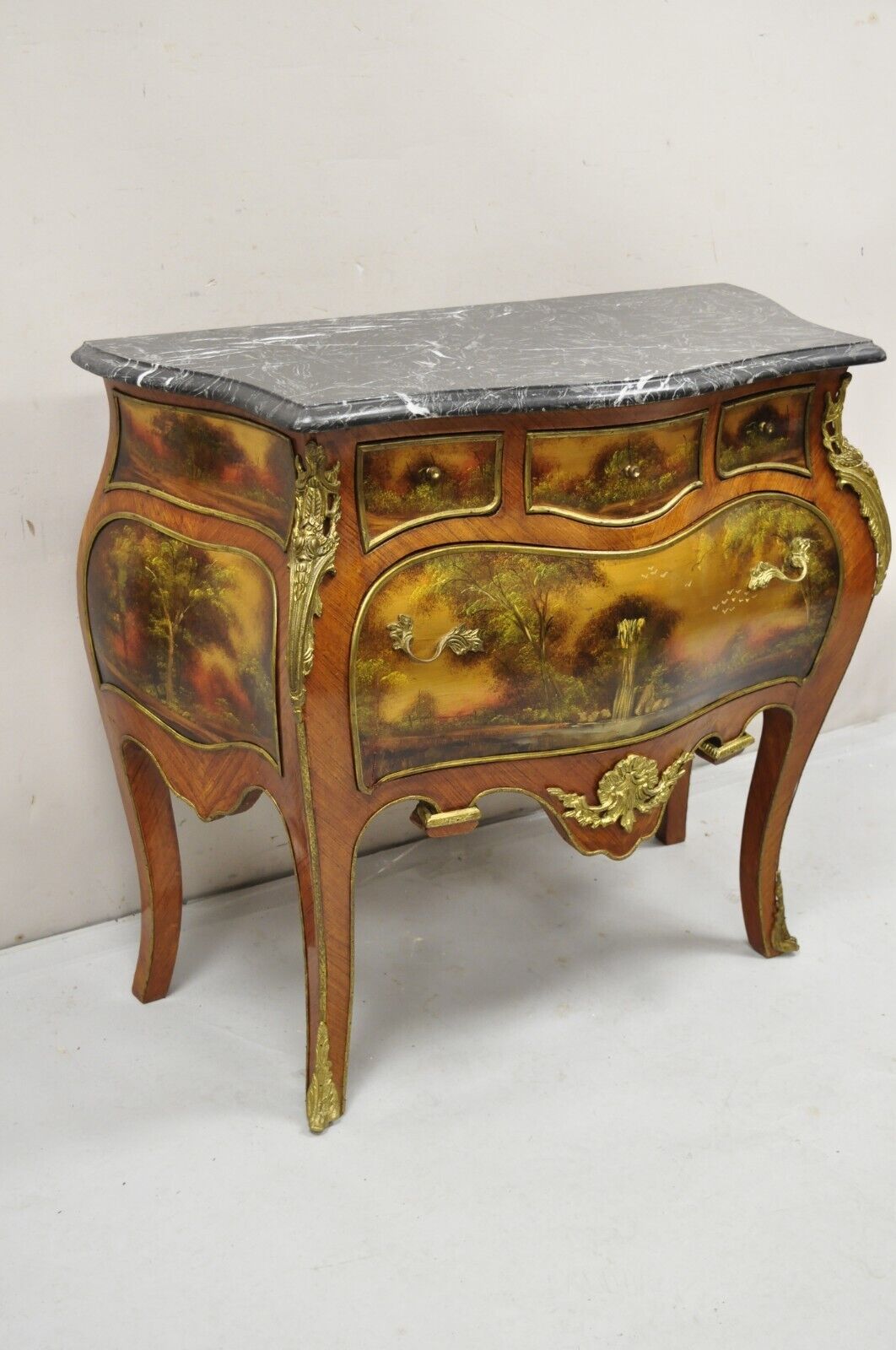 Vintage French Louis XV Style Marble Top Bombe Hand Painted Commode Chest