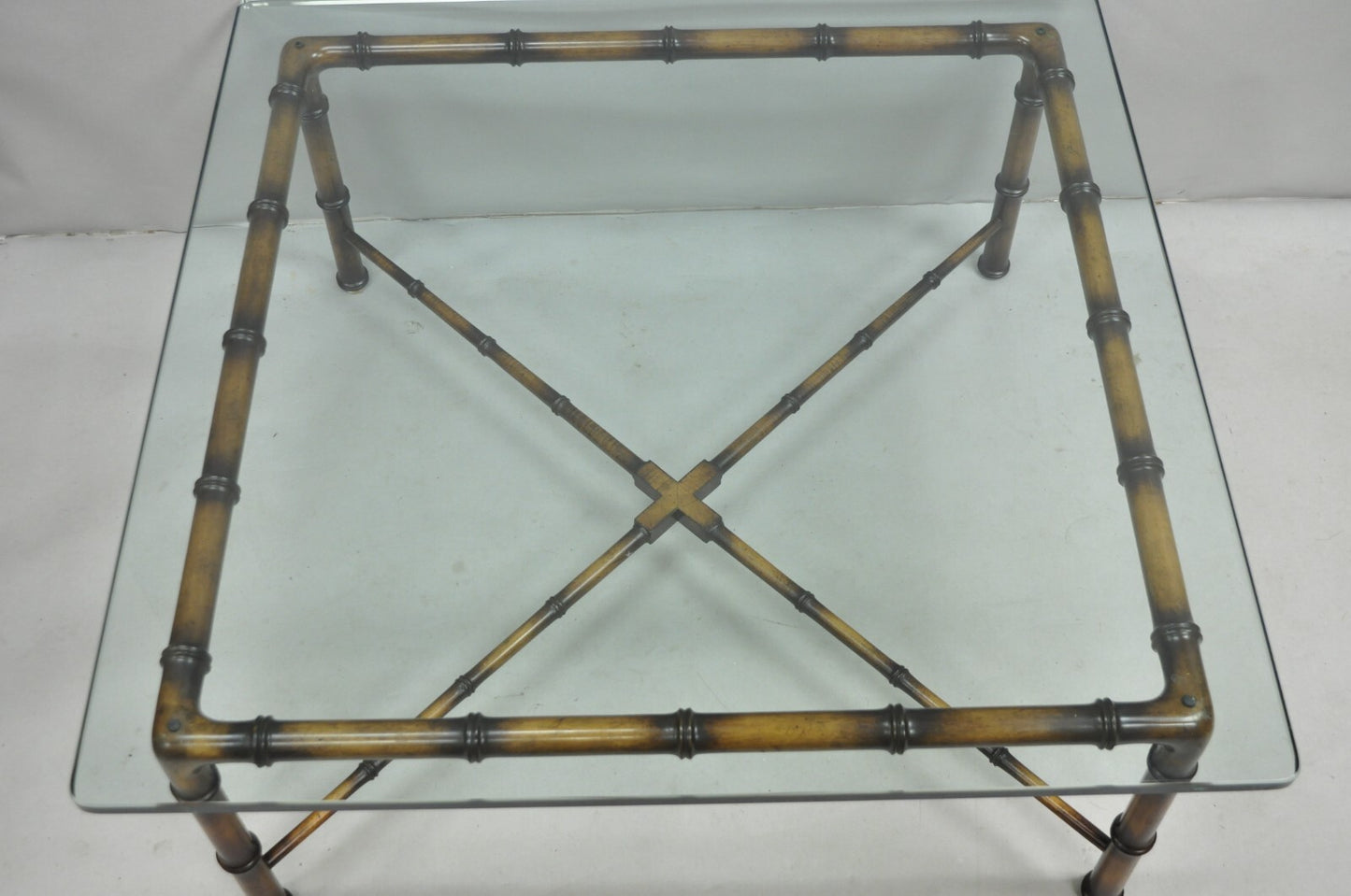 Vintage Hollywood Regency Chinese Chippendale Faux Bamboo Square Coffee Table