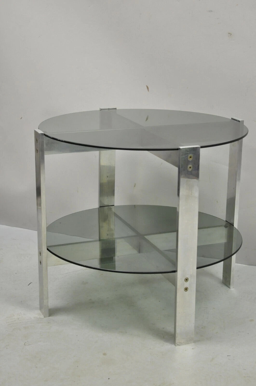 Vintage Mid Century Modern Round Smoked Glass 2 Tier Aluminum Base Side Table