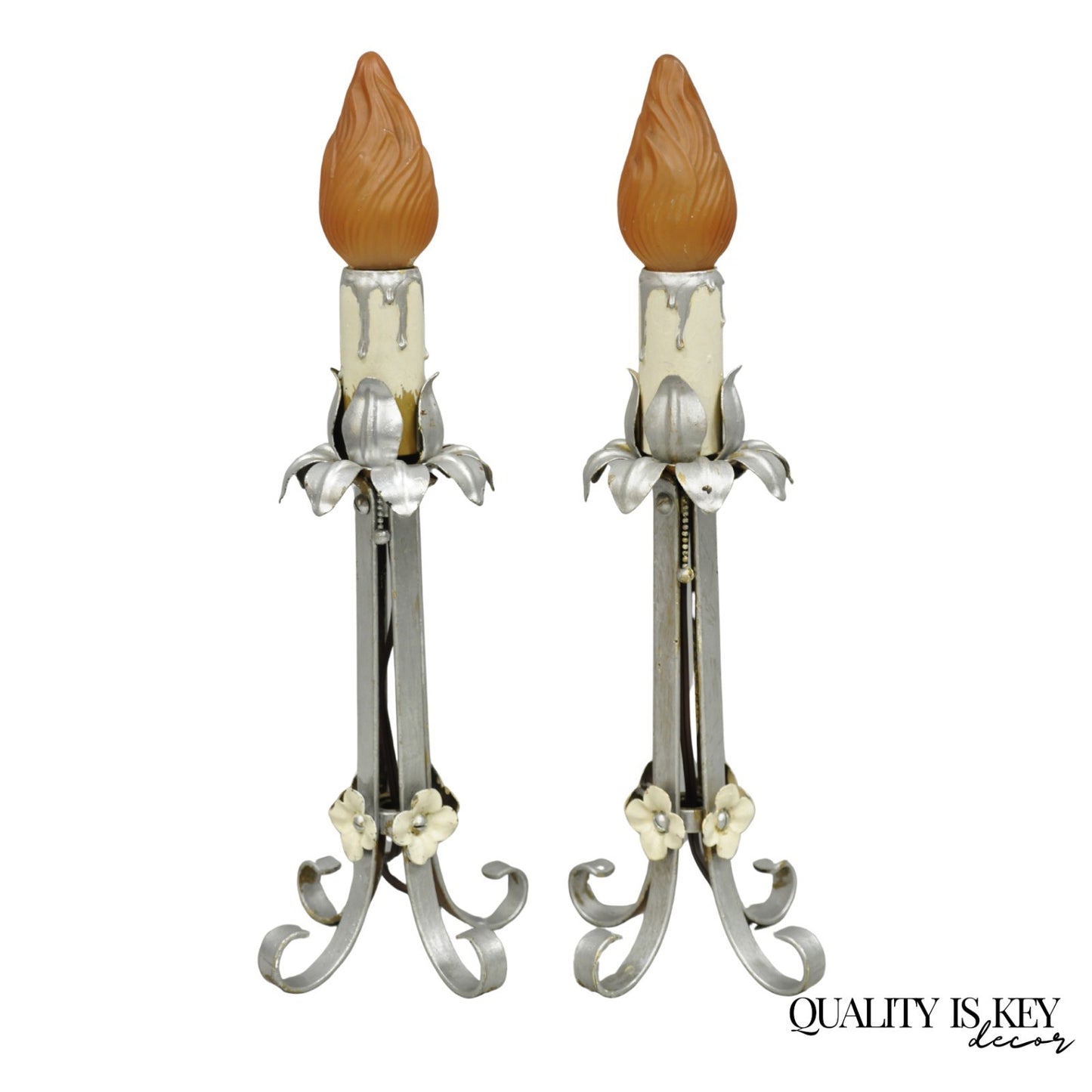 Antique Art Nouveau Wrought Iron Silver Painted Petite Boudoir Table Lamps, Pair