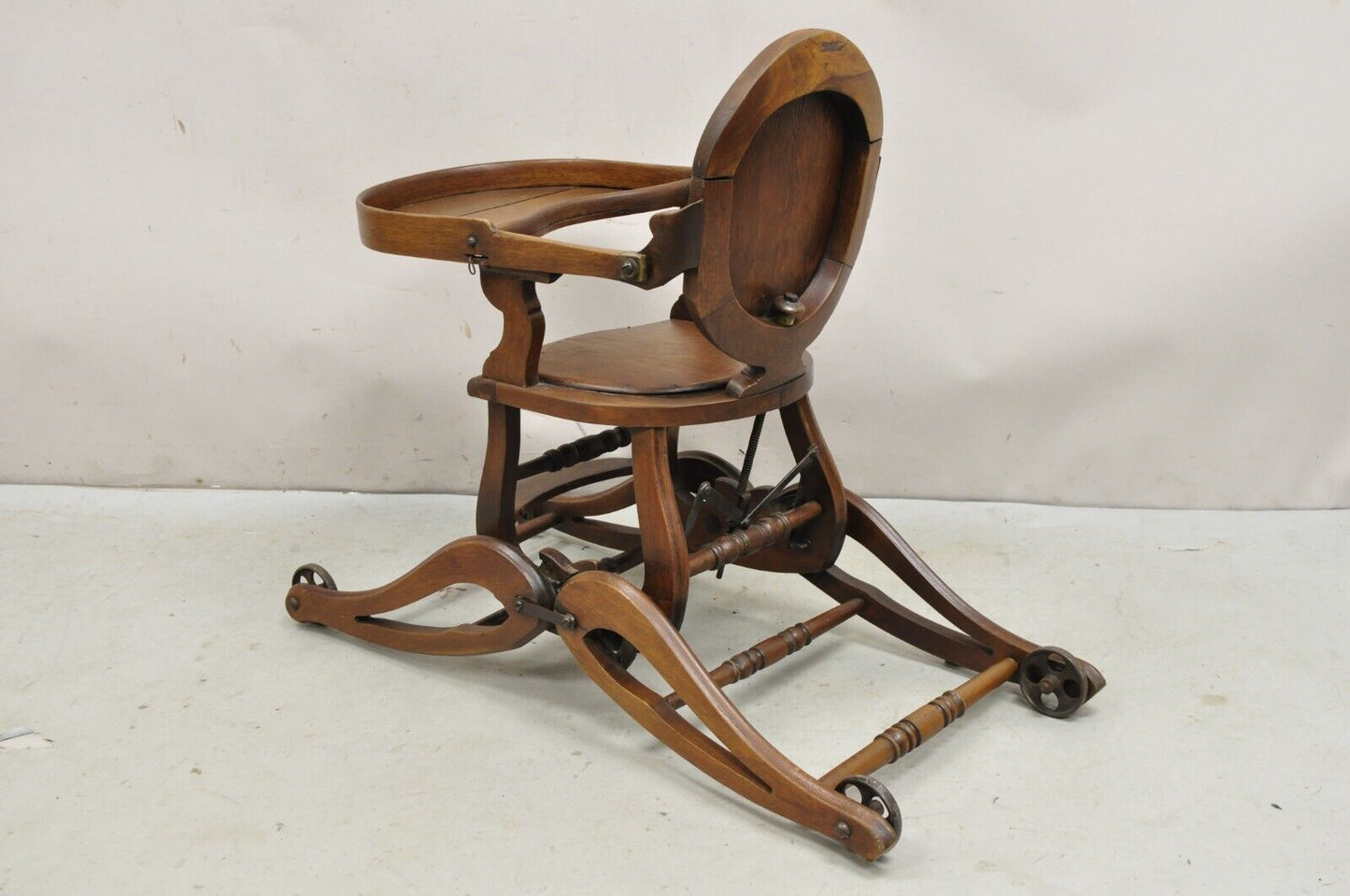 Antique Victorian Walnut Wood Convertible Combination Baby High Chair Stroller
