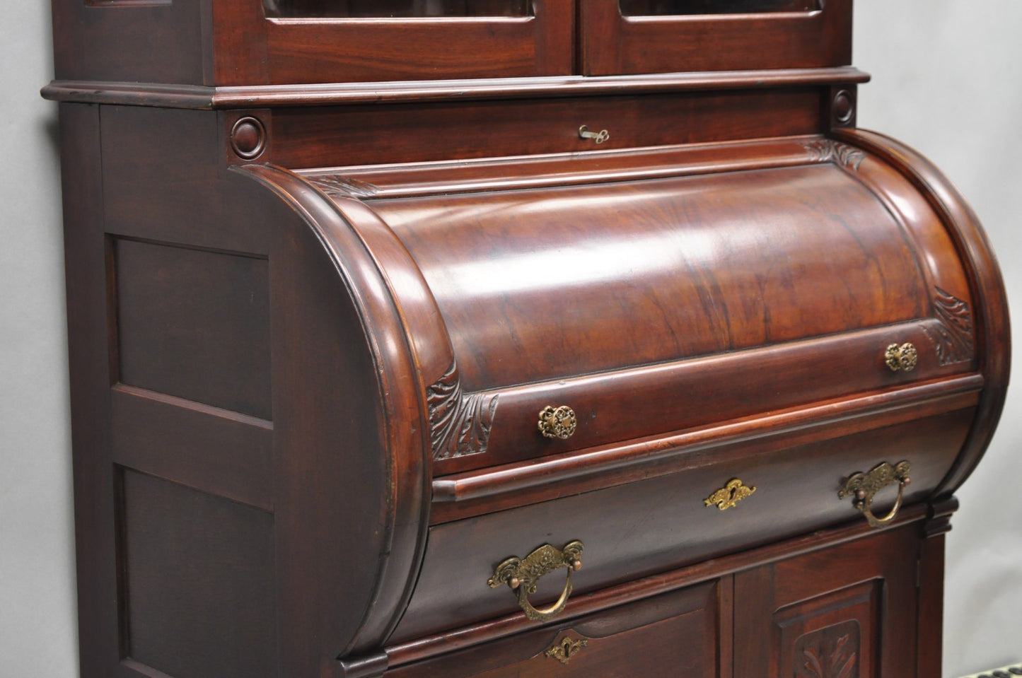 Antique Victorian Mahogany Cylinder Roll Top Bookcase Secretary Desk Cabinet