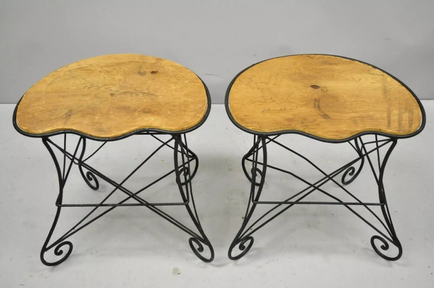 Vintage French Art Nouveau Style Scrolling Wrought Iron Stools - a Pair
