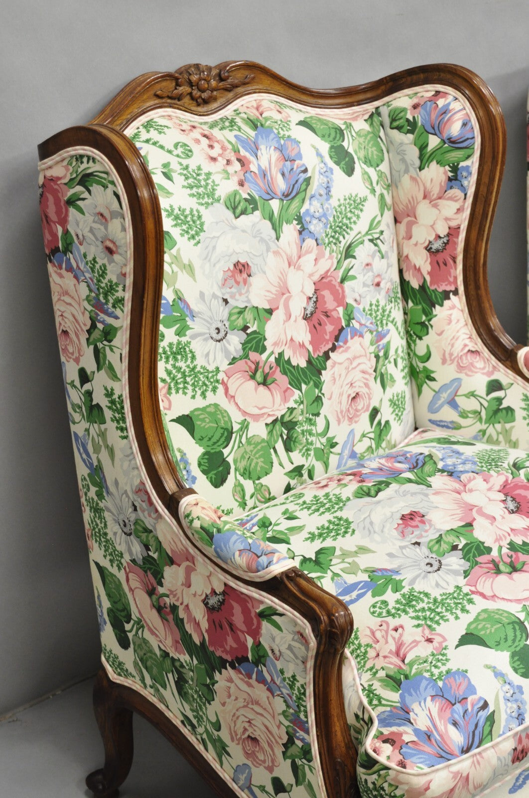 Antique French Country Louis XV Style Carved Walnut Bergere Wingback Chairs Pair