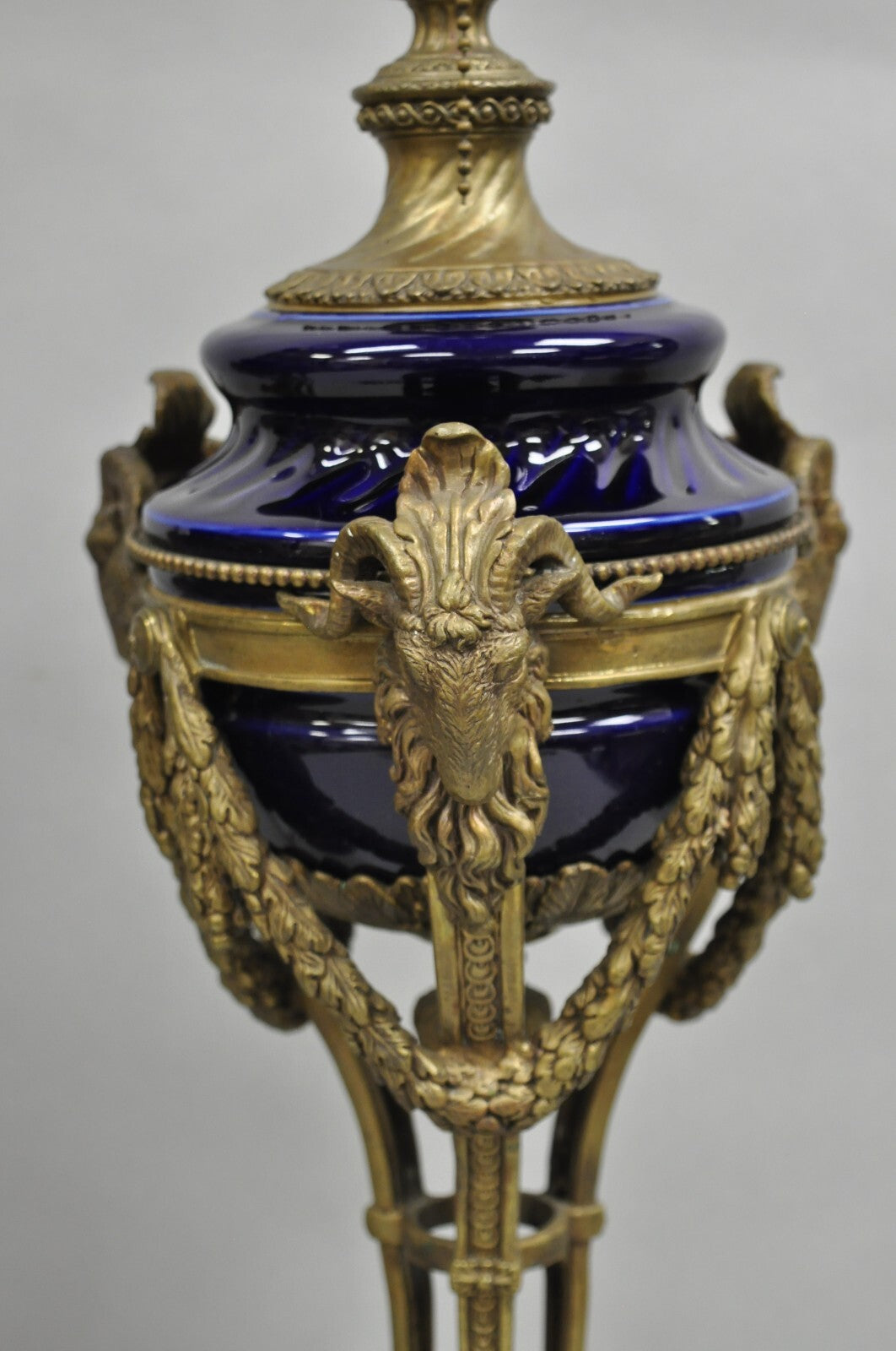 French Empire Neoclassical Bronze Ram Head Cobalt Blue Porcelain Table Lamp Pair