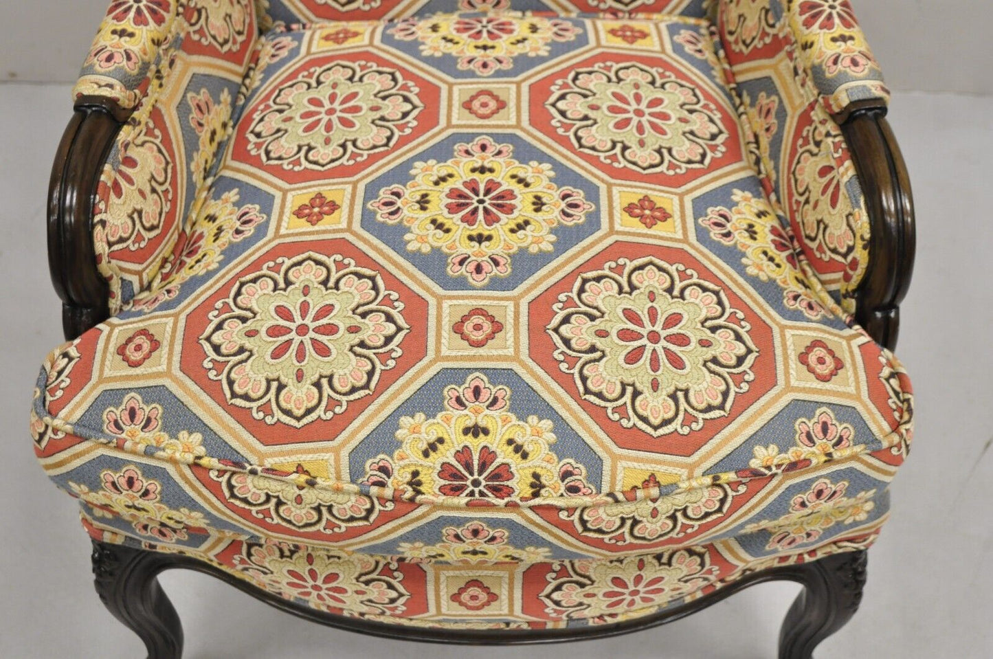 French Country Provincial Style Carved Walnut High Back Blue & Red Lounge Chair