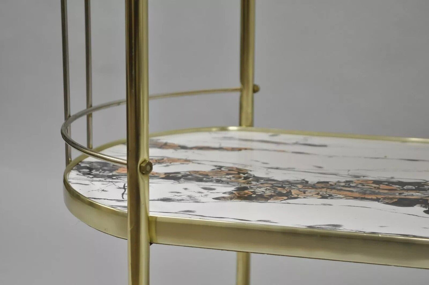 Vintage Mid Century Modern Brass Rolling Bar Tea Cart Laminate Faux Marble