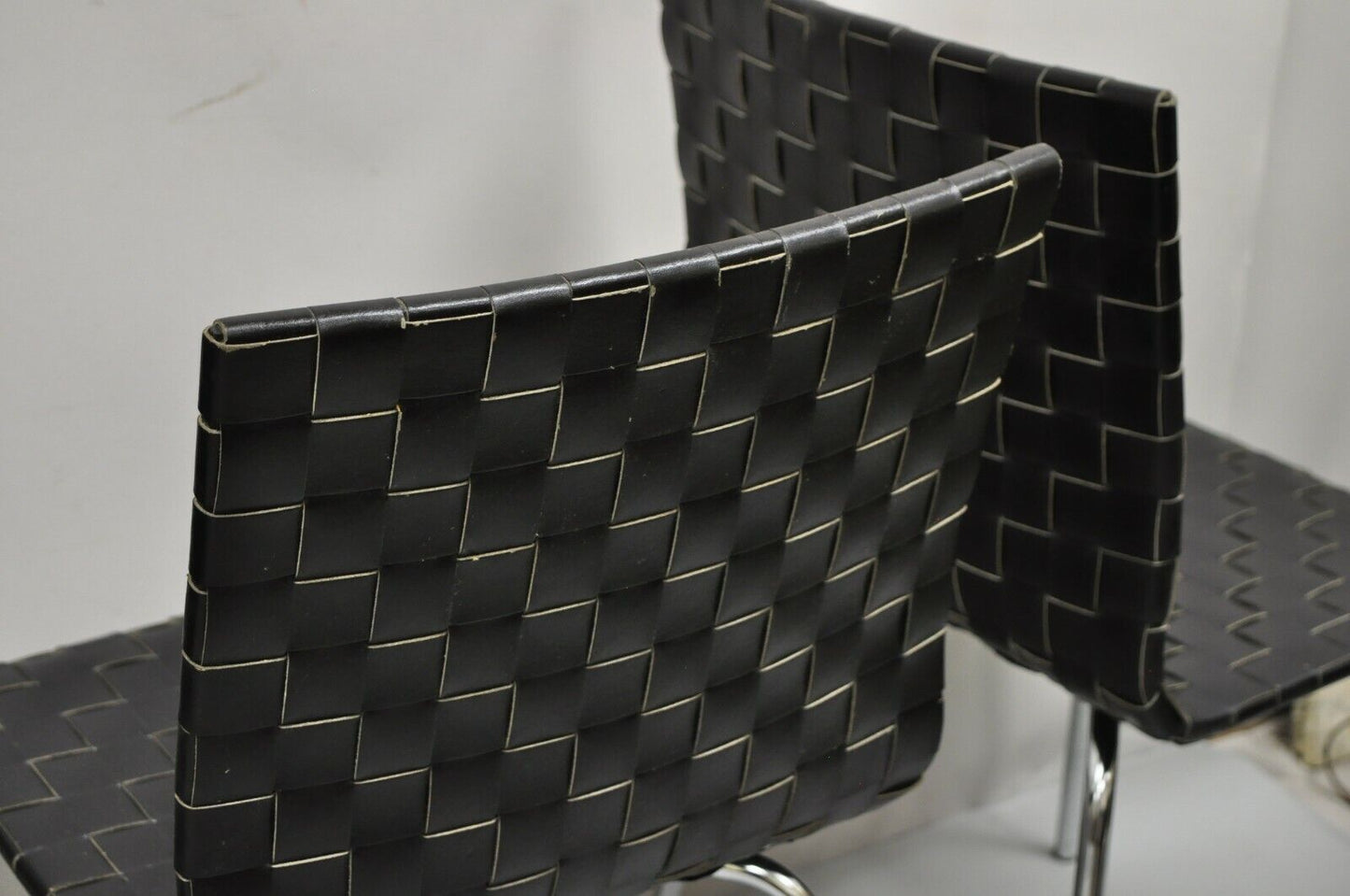 Modern Black Woven Leather Chrome Frame Dining Chairs - Set of 4