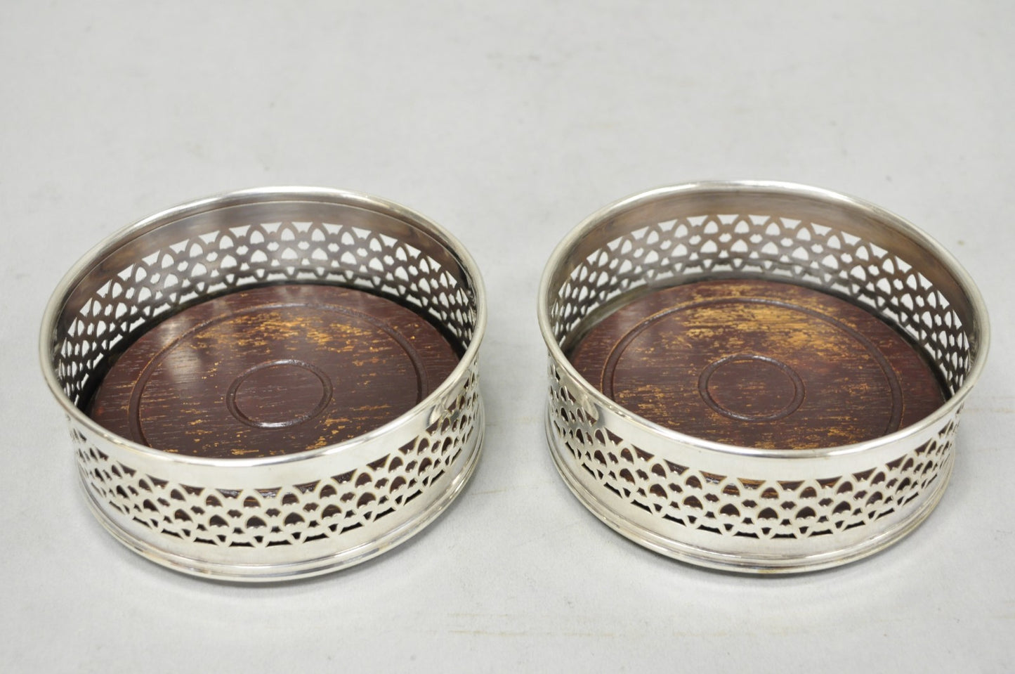 Vintage English Victorian Wood & Silver Plated Bar Wine Bottle Coaster - a Pair