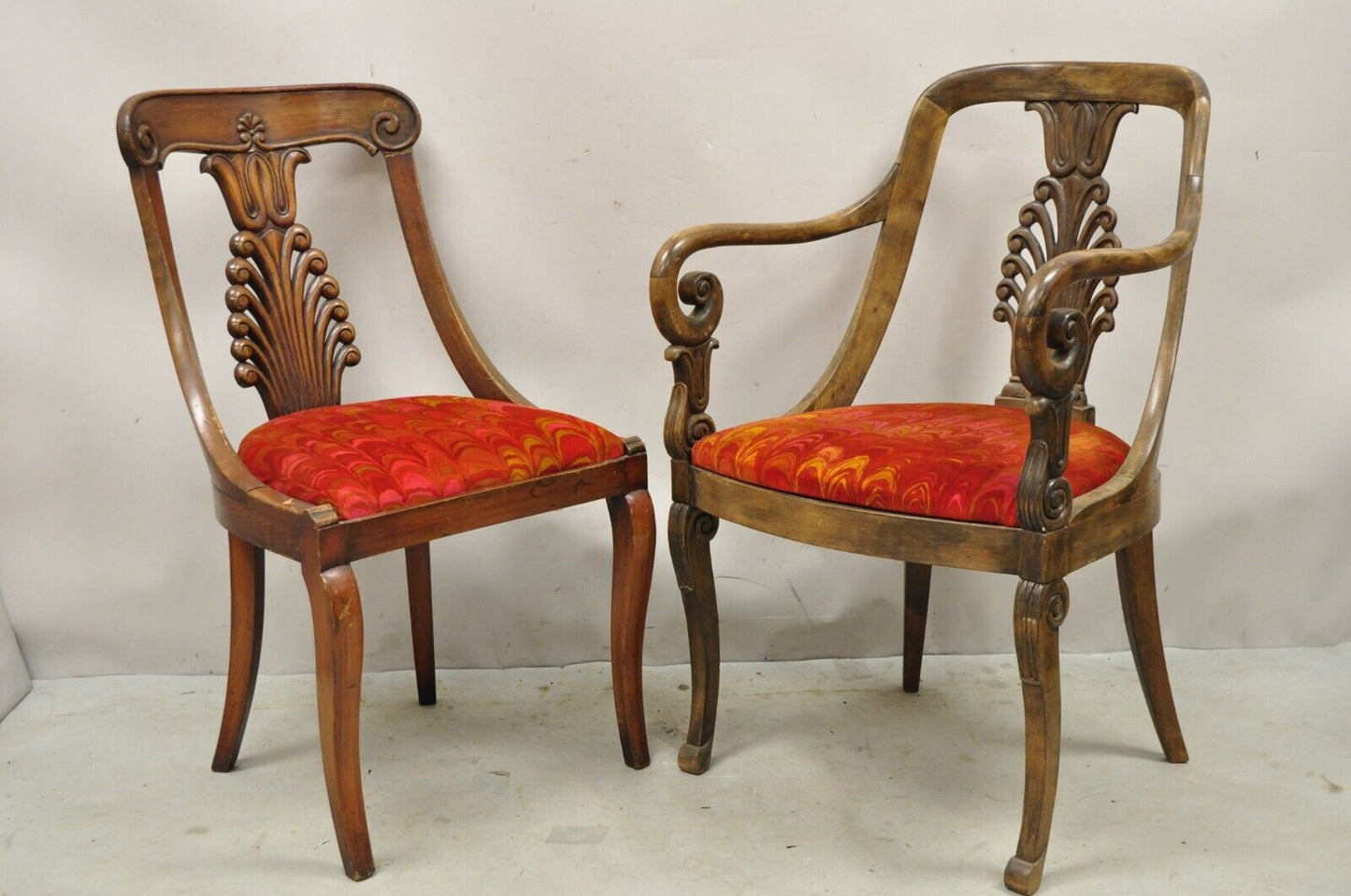 Vintage Regency Style Plume Carved Walnut Saber Leg Dining Chairs - Set of 6