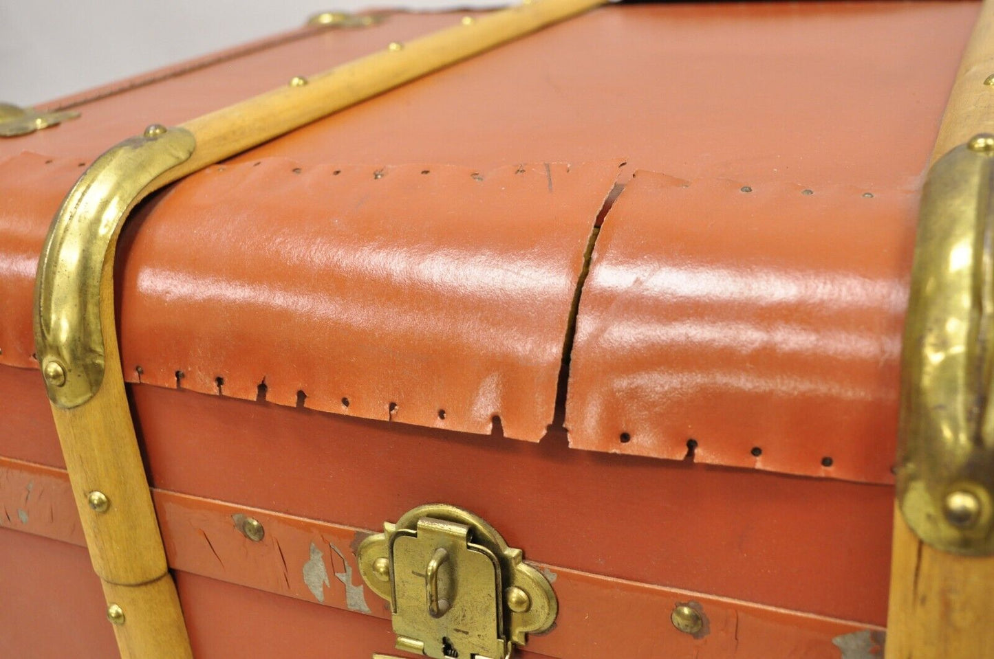 Antique Wooden Band Large Steamer Trunk Orange Ship Trunk Cunard Line Decals