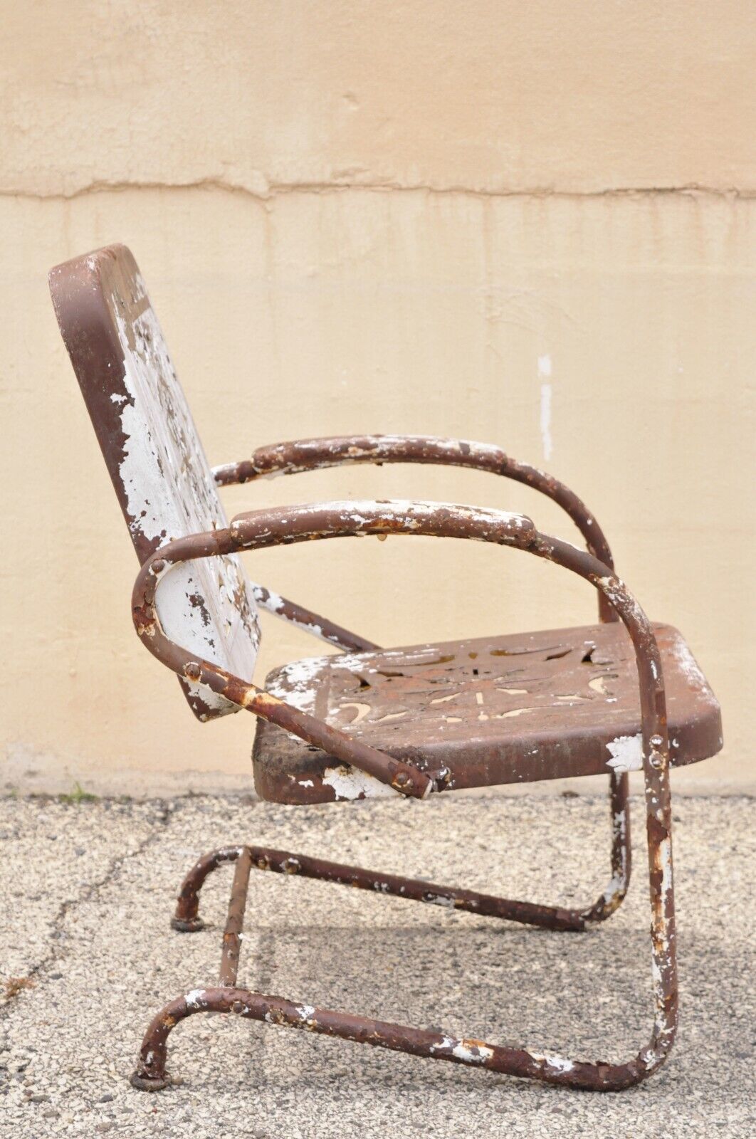 Antique Art Deco Basketweave Brown Distress Paint Bouncer Garden Lounge Chair