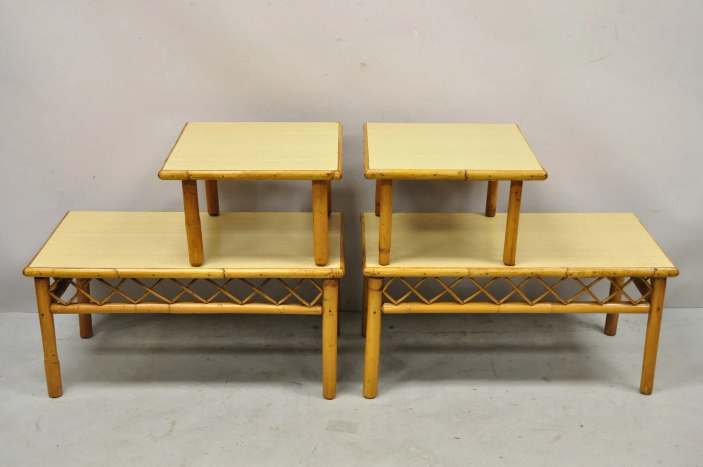 Vintage Mid Century Modern Tiki Room Rattan Bamboo Step Up End Tables - a Pair