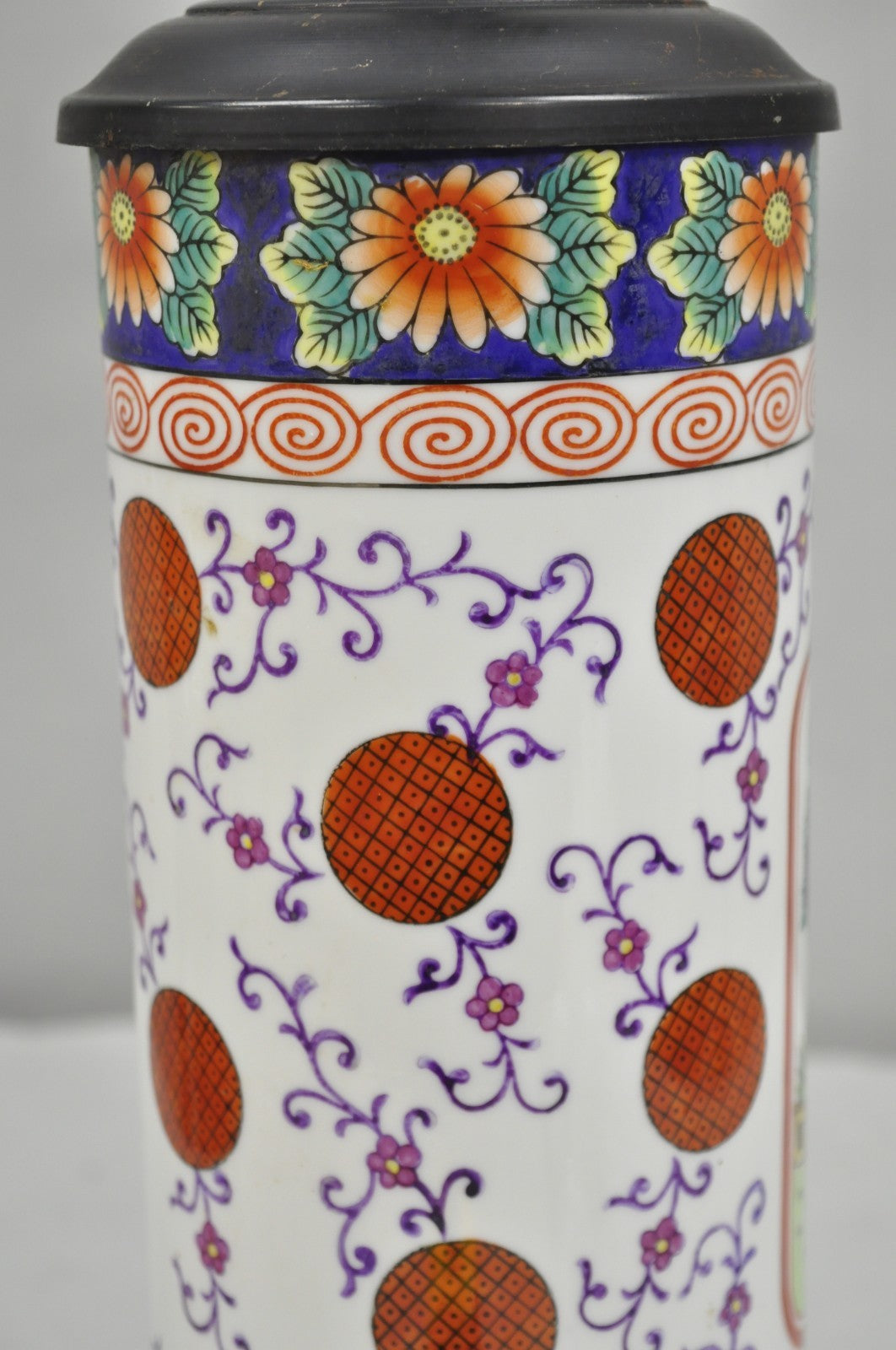 Vintage Chinoiserie Japanese Porcelain Cylinder Oriental Painted Table Lamp