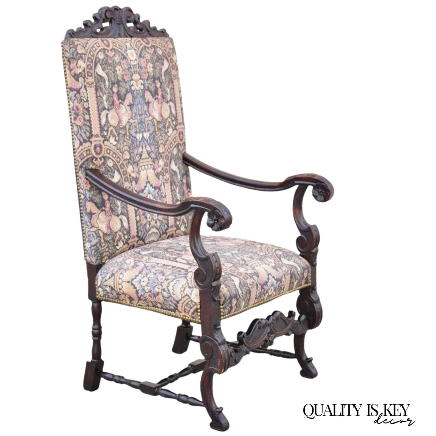 Antique Italian Renaissance Baroque Tapestry Carved Walnut Throne Arm Chair