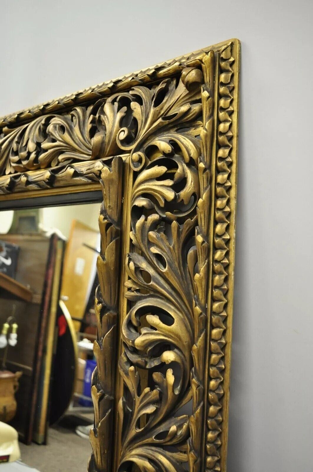 Antique French Baroque Rococo Style Scroll Carved Wood 65" Gold Wall Mirror