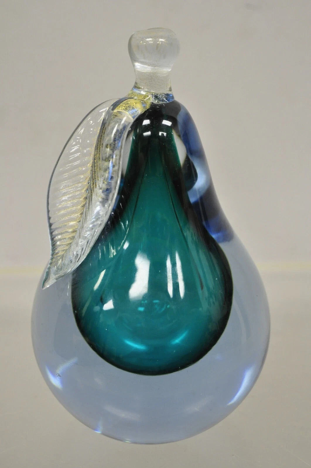 Italian Murano Blue 7" Blown Art Glass Pear Fruit Gold Flecks Leaf Paperweight