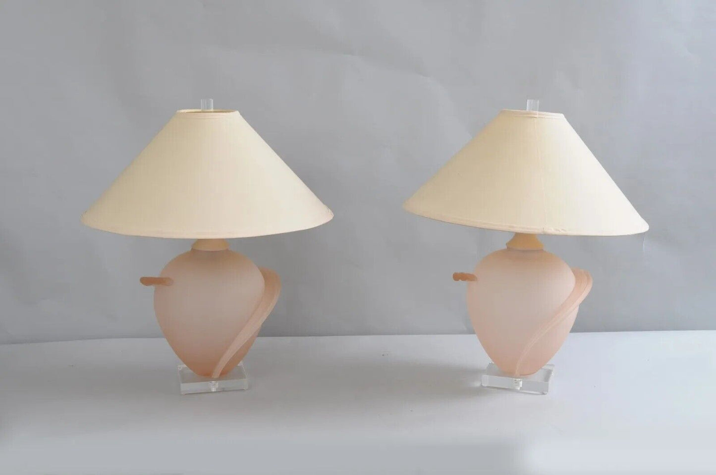 Hollywood Regency Pink Satin Frosted Glass Table Lamps w/ Lucite Base - a Pair