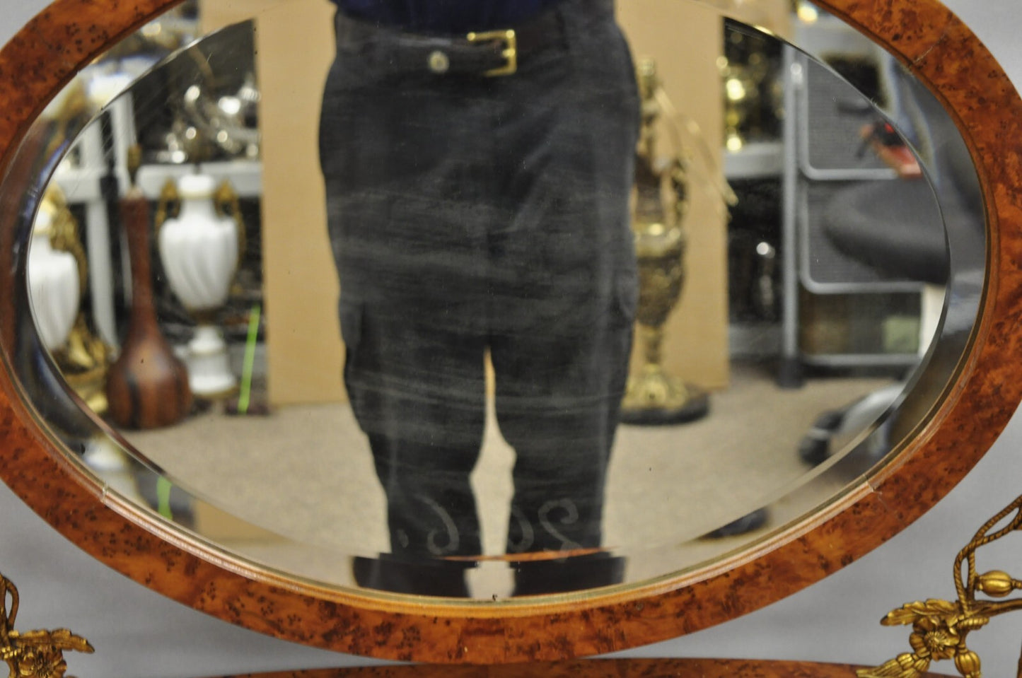 Antique French Louis XVI Burlwood Kidney Shaped Vanity Dressing Table w/ Mirror