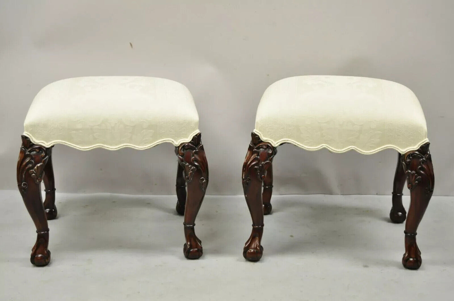 English Georgian Chippendale Style Carved Mahogany Ball and Claw Stools - Pair