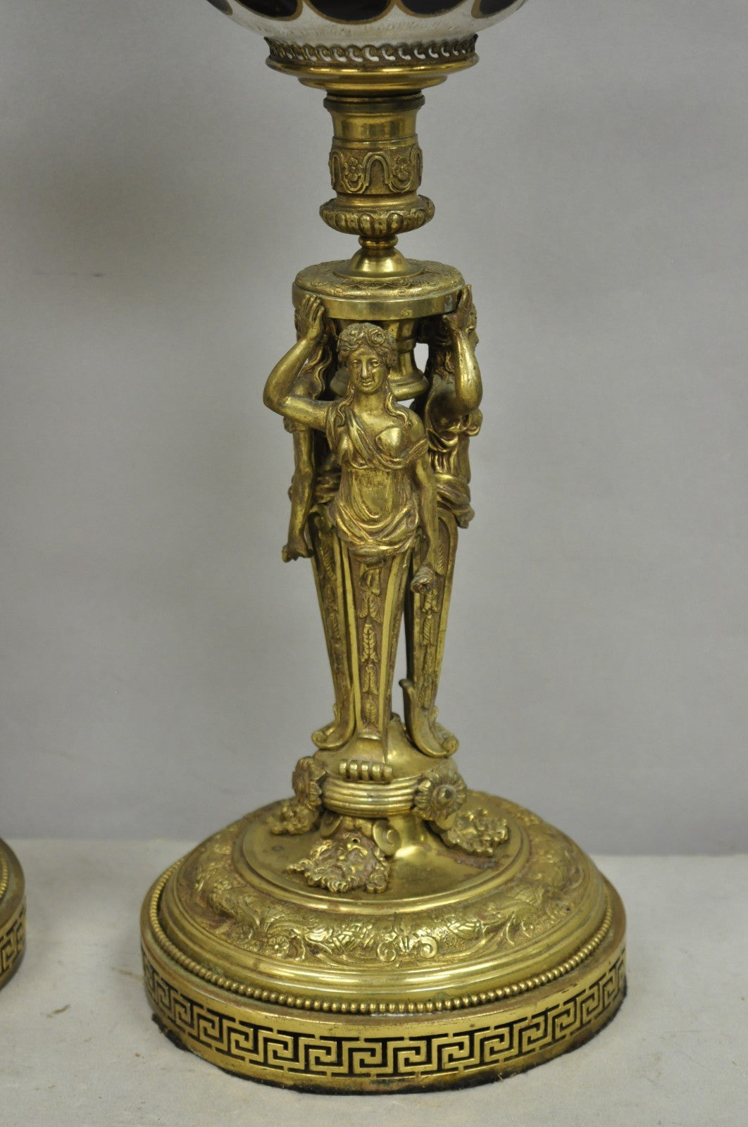 French Renaissance Brass Figural Maiden Base Red Bohemian Glass Table Lamps Pair