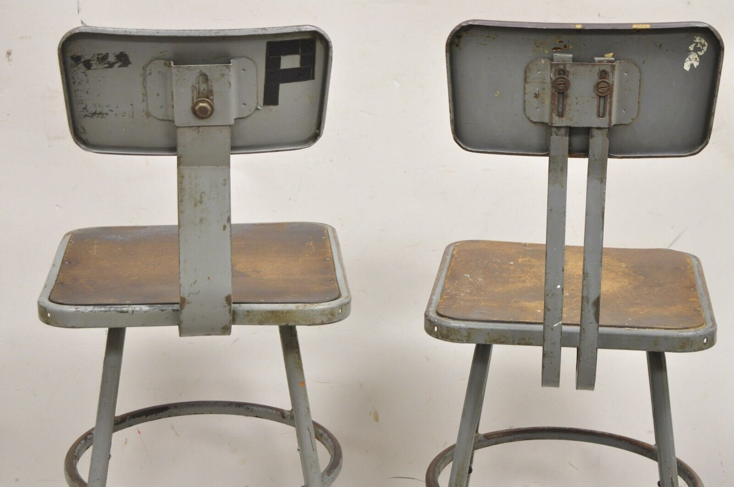 Vintage Royal Metal Steel Industrial Factory Worker Adjustable Stool Chair 2 Pcs