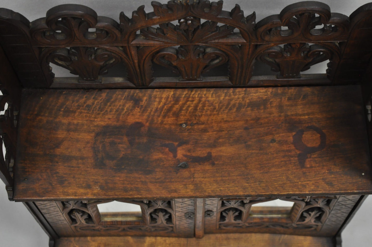 Antique Gothic Arts & Crafts Black Forest Walnut Carved Small Wall Curio Cabinet